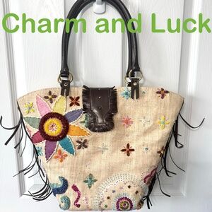 Charm and Luck Straw/Leather Summer Tote/Bag w/Side Fringe/Magnetic Closure